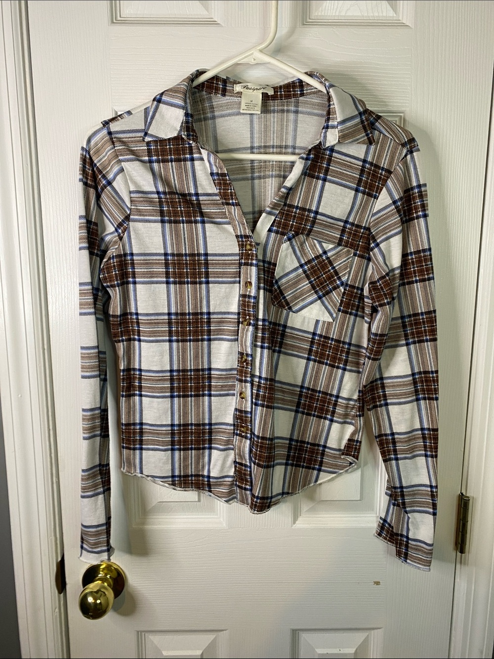Passport Brown, White & Blue Plaid Casual Button-Down Shirt Size Medium.